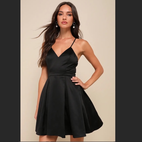 Lulus Skater Dress. Black satin. Size Small - Picture 6 of 8